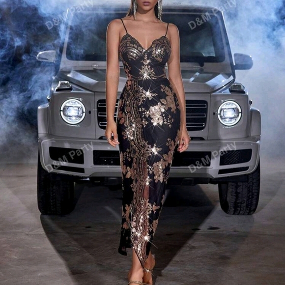 SHEIN Dresses & Skirts - Beaded Embroidered Cross-Strap Slit Back Sleeveless Bodycon Women's Formal Eveni